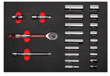 Proto® Foamed 3/8" Drive 22 Piece Socket Set w/ Precision 90 Pear Head Ratchet- Full Polish- 12 Point - Best Tool & Supply