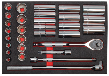 Proto® Foamed 1/2" Drive 30 Piece Socket Set w/ Precision 90 Pear Head Ratchet - Full Polish - 12 Point - Best Tool & Supply