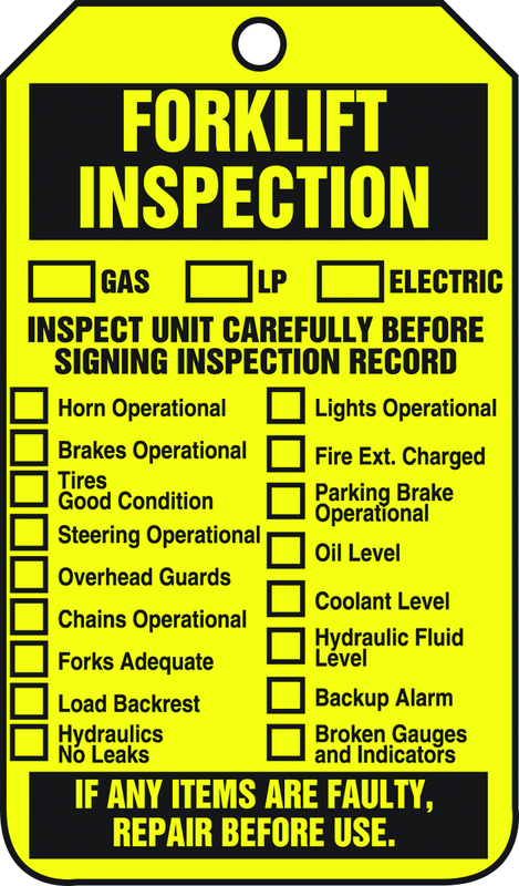 Forklift Tag, Forklift Inspection (Checklist)/Forklift Inspect, 25/Pk, Plastic - Best Tool & Supply